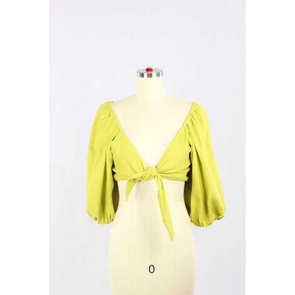 FARM RIO Chartreuse Green Linen Front Tie Puff Sleeve Crop Top Blouse, Size PP - Picture 4 of 15